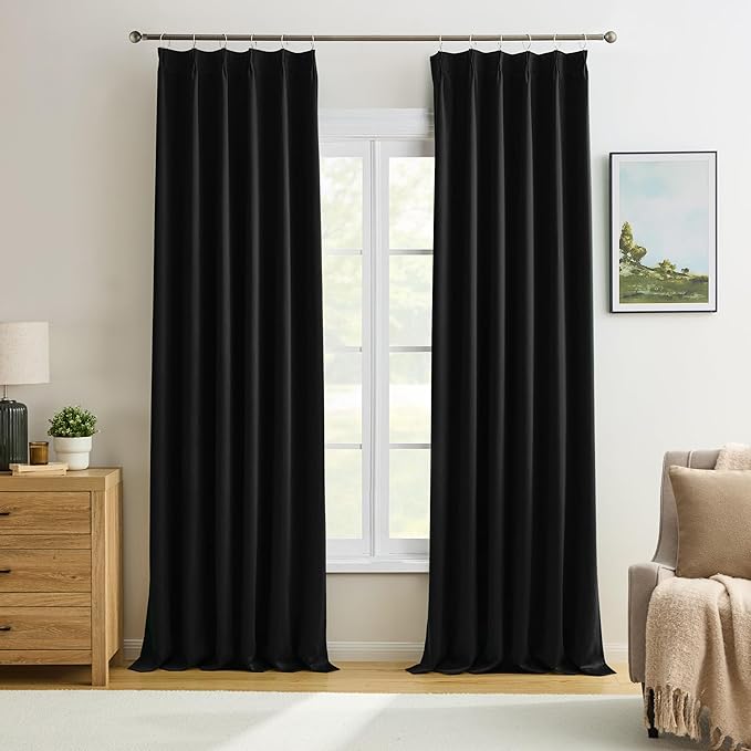 Black Pinch Pleated Curtains 144 Inches Long Wall Curtains, Elegant and Sleek Velvet Drapes for Cinema, Hall, Theatre 12 FT Length 2 Panels, Extra Long Blackout Curtains for Living Room 40 Wide