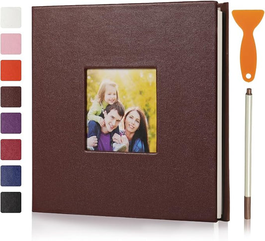 RECUTMS Small Photo Album Self Adhesive Scrapbook Magnetic Photo Albums for 4x6 5x7 8x10 Pictures for Baby Family Wedding 40 Pages with Metal Pen and Plastic Board (Brown)