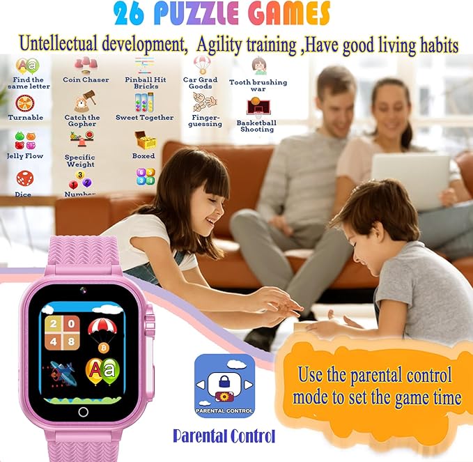 Goodatech Kids Smart Watch for Boys Girls, 1.54'' Smartwatch with 26 Puzzle Games,HD Camera,Video Music Player,Pedometer,Flashlight,Audio Book etc., Aluminum Case and Sport Band (Pink)