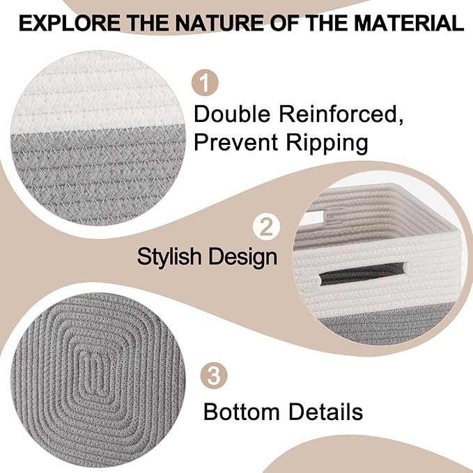 OIAHOMY Cube Storage Basket, 3-Pack Woven Cotton Rope Baskets for Storage, 11-Inch Cube Basket with Handles, Great for Shelves, Closets, Children's Toy Storage and Organization-White & Grey