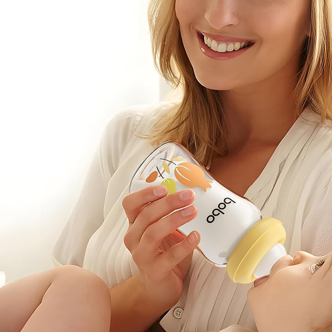 YOHKOH Natural Glass Baby Bottle with Natural Response Nipple, Newborn Anti-Colic Baby Bottles, Wide Neck Mushroom Cap Baby Bottle, Clear (Yellow, (5.4oz (Pack of 4))