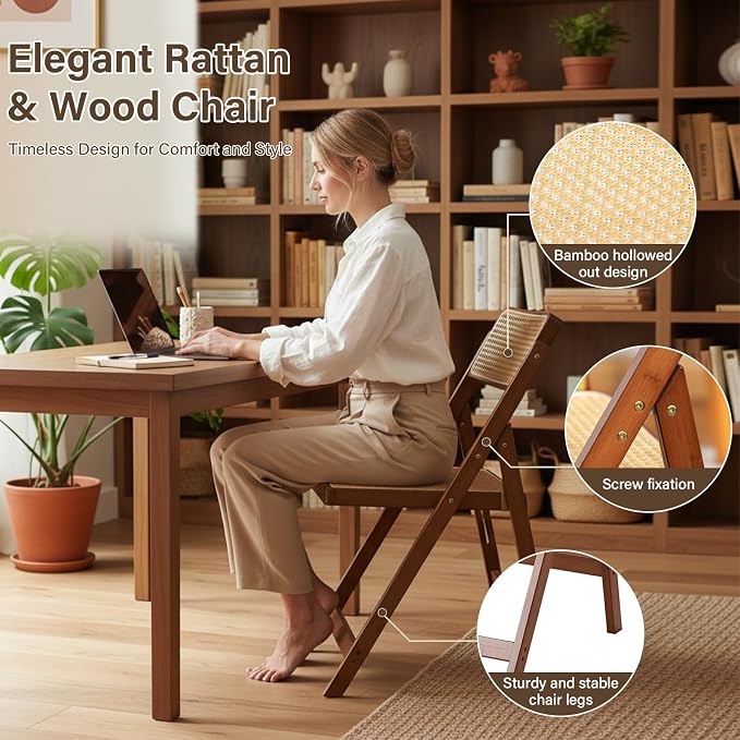 Furlide Rattan Folding Chairs, Modern Mid Century Dining Chairs Set of 2 - Image 3