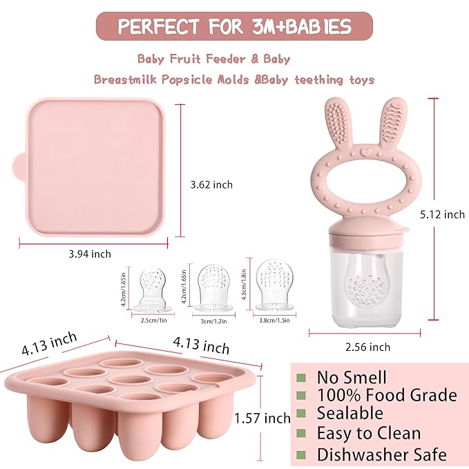 WAJIAYON Baby Breastmilk Popsicle Molds & Baby Fruit Feeder (4 Pack), Infant Food Freezer Tray Storage Containers, Silicone Teething Pacifier Feeder and Teether for Babies（Pink&Purple）