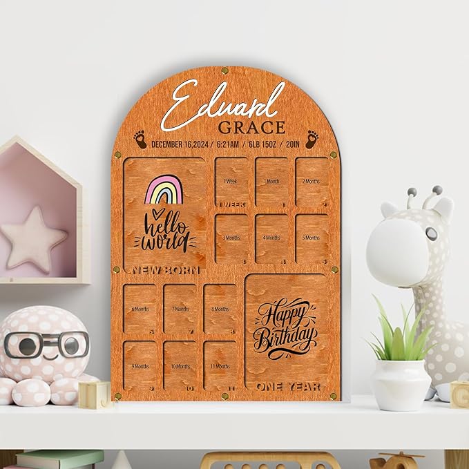 Personalized My First Year Photo Frame | 12 Months Picture Frame For Baby First Year | Displays Two 4x6 Photo and Twelve 2x3 Pictures | Birthday Party Decor Newborn Memory Keepsake, Rainbow