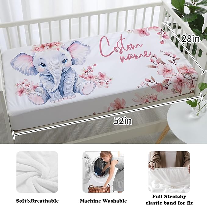 Custom Nursery Crib Bedding Set: 4 Piece Pink Flower Elephant Pattern Baby Crib Sets for Girls with Personalized Name - Toddler Double Layer Blanket Set, Comfortable Crib Bed Sheets for Baby Toddlers