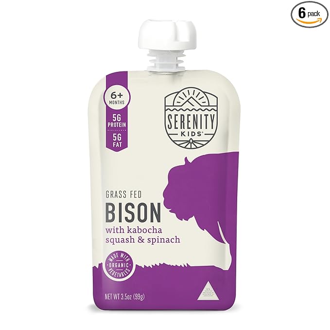 Serenity Kids 6+ Months Baby Food Pouches - Ethically Sourced Grass-Fed Bison & Organic Kabocha Squash & Spinach Puree - BPA-Free Baby Puree Pouches - 3.5 Oz, 6 Pack