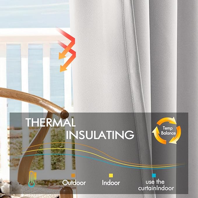 ANRODUO Back Tab Blackout Curtains for Bedroom Living Room, Rod Pocket Pinch Pleated Thermal Insulated Room Darkening Curtains 90 Inches Long 2 Panels, Greyish White, 42 x 90 Inch