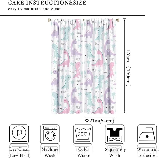 Kids Dinosaur Curtains for Boys Girls Bedroom Decor Cartoon Dino Colorful Cute Funny Animal Wildlife Printed Blackout Rod Pocket Window Drapes for Baby Nursery Playroom W21xL63in 2 Panels