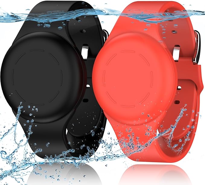 R-fun Waterproof for Air Tag Bracelets [2 Pack] Compatible with Apple Air Tag Finders with Soft Silicone,Anti Lost GPS Item Finders Case Cover,Black/Red