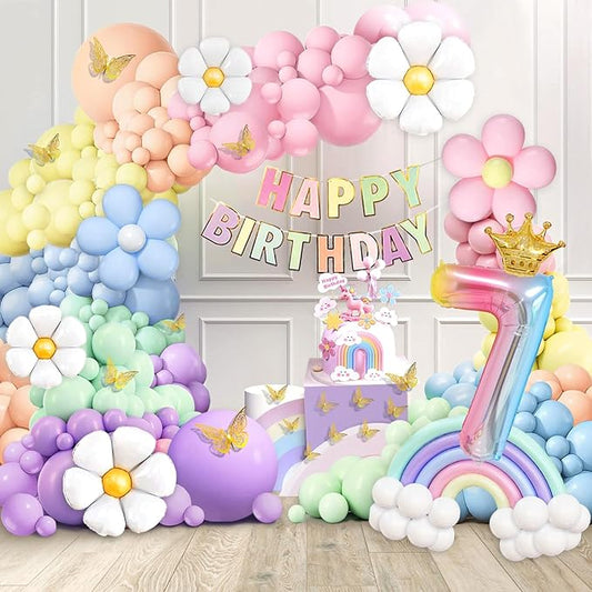 Pastel 7th Birthday Decorations for Girls 219Pcs Daisy Balloon Garland Kit, 18 10 5 Inch Pastel Rainbow Balloons Arch, Number 7 Balloons for 7 Year Old Birthday Party Decorations