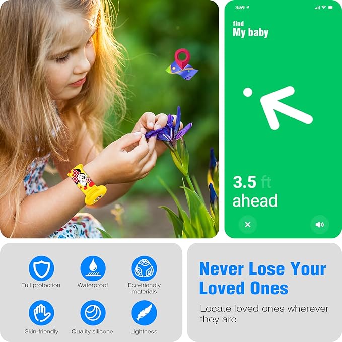 Waterproof Air Tag Bracelet for Kids [2 Pack], Cute Cartoon Air Tag Holder for Kids with Full Coverage Hidden Design, Silicone Airtag Wristband for Child, Healthy Material Blue + Yellow