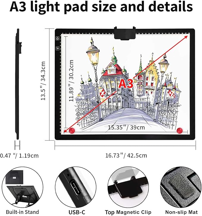 Rechargeable A3 Light Pad With Padded Case For Diamond Painting,Tracing Light Box with Stand/Clip/Magnet,3 Colors and 6 Levels of Brightness light board for Artists,Drawing,Sketching,Animation,Tracing