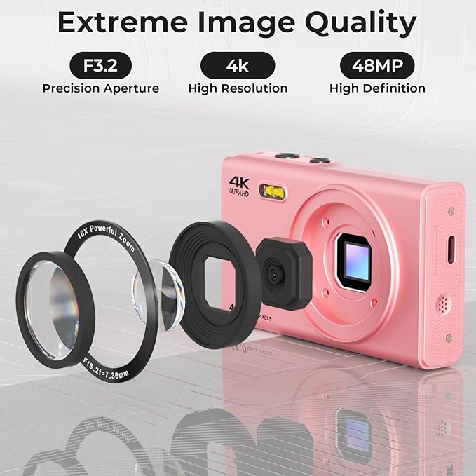 Upgrade Digital Camera, FHD 4K 44MP Autofocus Digital Point and Shoot Video Camera with 16X Zoom, 32GB SD Card, Compact Digital Camera Cheap for Teens Boys Girls Kids Pink Camera