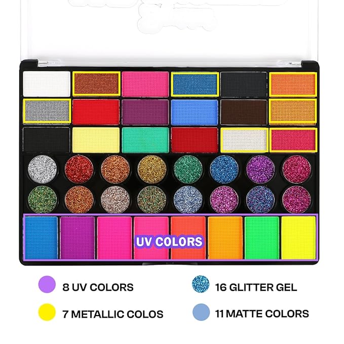 torbers Depvision Professional Face Paint 42 Colors Non Toxic Water Based Face Painting kit Easy To Remove Face Painting For Kids, Safe Professional Halloween Party Makeup Set