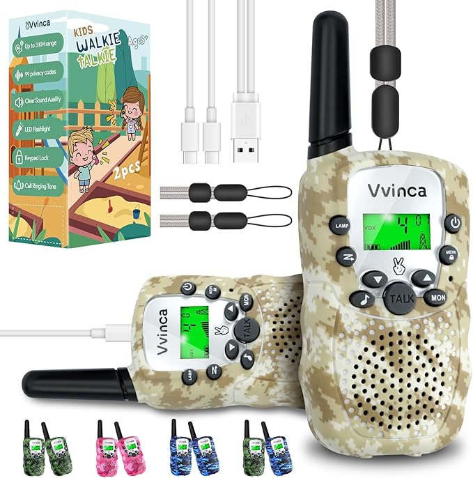 Vvinca Walkie Talkies for Kids Rechargeable 2 Pack, Army Toys for Boys Girls Ages 3-13 Outdoor Military Camping Toy, 3KM Long Range Walkie-Talkie 2 Way Radios 22 CH with Flashlight Birthday Gift