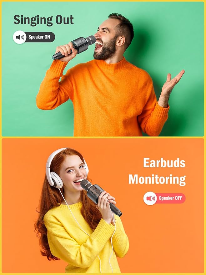 Wireless Bluetooth Karaoke Microphone, Built-in Loud Speaker for 10H Playback, Add Reverb/Duet Mode/Earbuds Monitoring, Portable Karaoke Machine for Entertainment & Singing Practice (Gray)