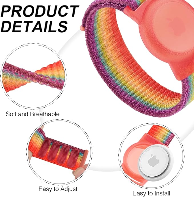 Kids Wristband Protective Case Compatible with Apple AirTag, Adjustable Nylon Bracelet for Air Tag GPS Tracker Holder with Anti Lost Watchband for Toddler Child Kids (Rainbow)