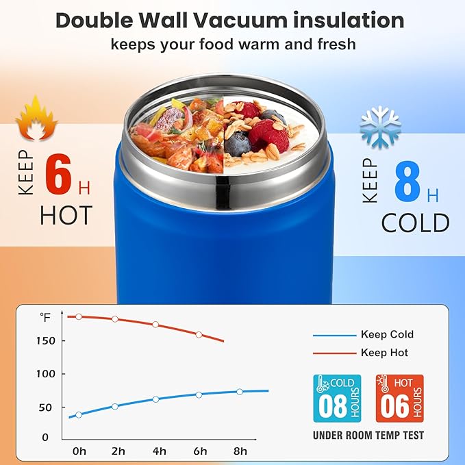 17oz Soup Thermo for Hot Food Kids,Insulated Food Jar with Spoon,Thermo Hot Food Lunch Container,Wide Mouth Leakproof Stainless Steel Lunch Box for School(Blue)
