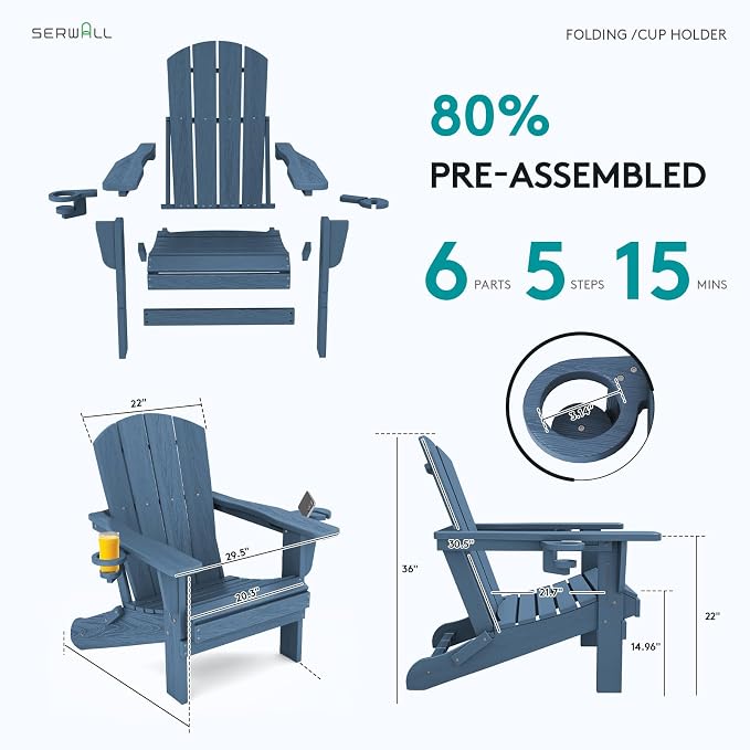 SERWALL Folding Adirondack Chair, HDPE Adirondack Chairs Set of 4, Plastic - Image 7