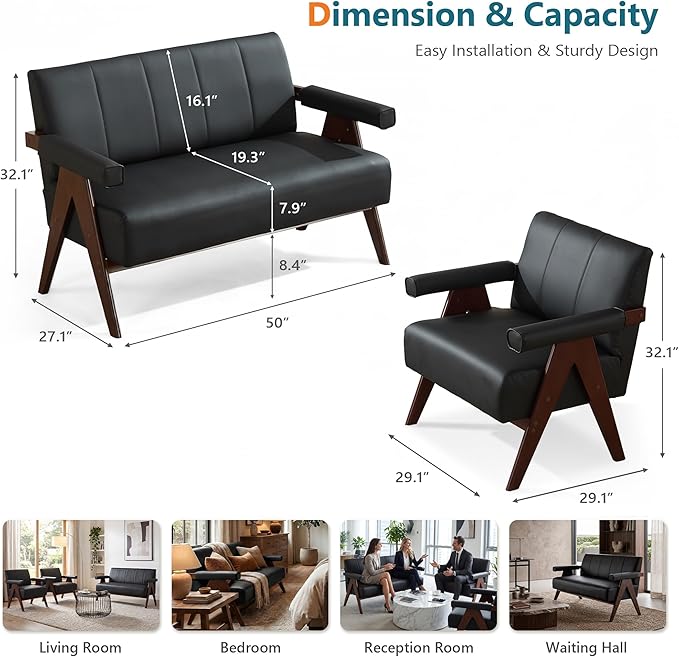 STHOUYN Black Leather Loveseat Sofa and Accent Chairs Set of 2, Mid-Century - Image 8