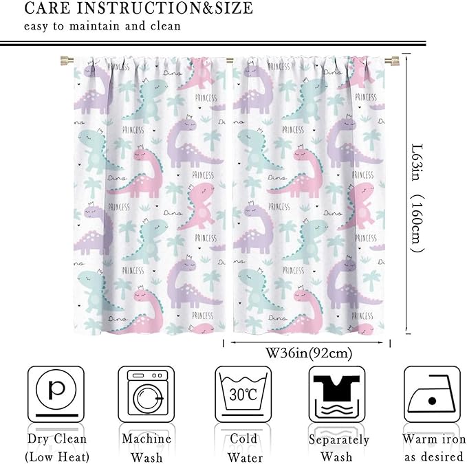 Kids Dinosaur Curtains for Boys Girls Bedroom Decor Cartoon Dino Colorful Cute Funny Animal Wildlife Printed Blackout Rod Pocket Window Drapes for Baby Nursery Playroom W36xL63in 2 Panels