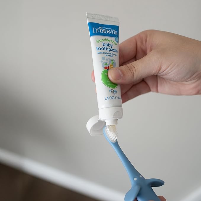 Dr. Brown's Infant-to-Toddler Training Toothbrush Set, Blue Elephant with Fluoride-Free Apple Pear Baby Toothpaste, 0-3 years