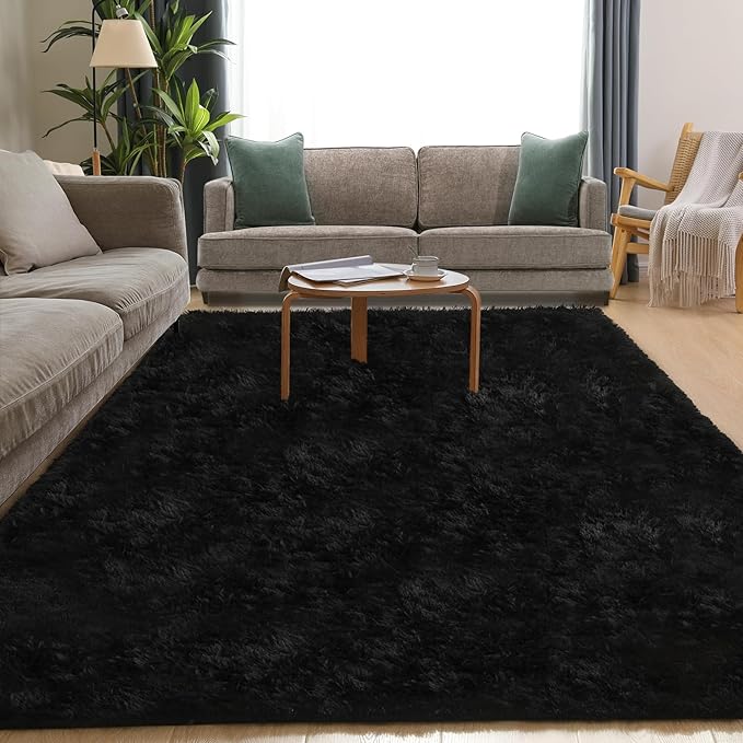 Black Area Rug - 9x12, Soft Plush for Living Room, Bedroom & Nursery, Non-Slip Indoor Carpet for Study, Kids Room Decor