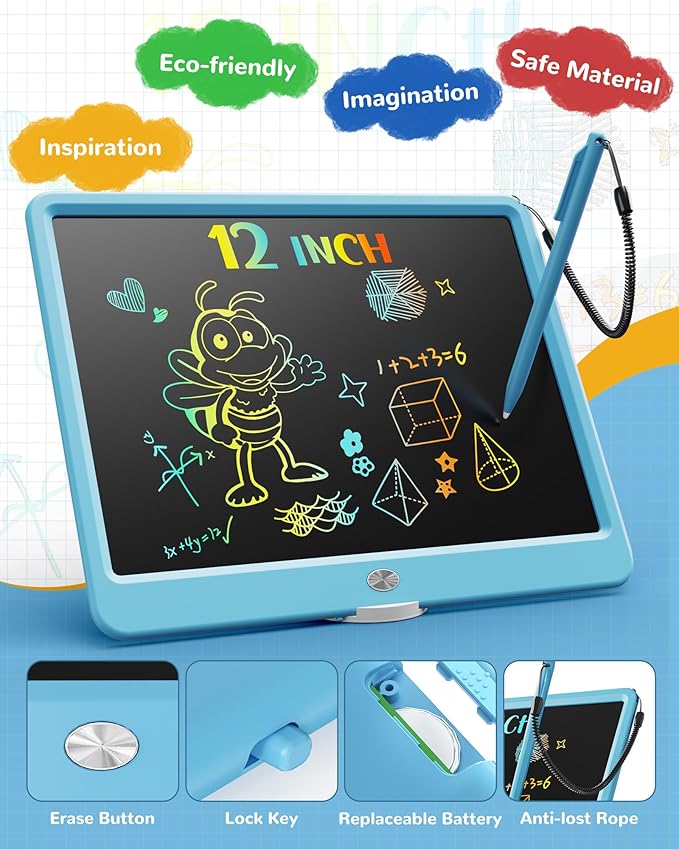 KOKODI LCD Writing Tablet, 12 Inch Colorful Toddler Doodle Board Drawing Tablet, Erasable Reusable Electronic Drawing Pads, Educational and Learning Toy for 3-6 Years Old Boy and Girls(Blue)