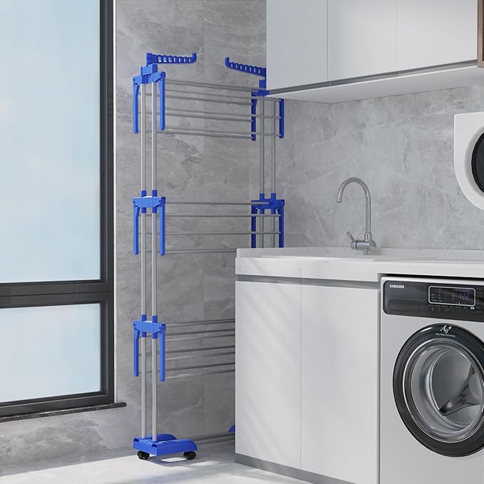 Bigzzia Clothes Drying Rack, 67.7 Inch Laundry Drying Rack with Foldable Base, 4 Tier Stainless Steel Drying Rack Clothing, Movable Laundry Rack for Indoor Outdoor-Blue