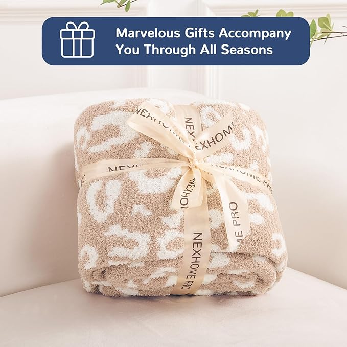 NEXHOME PRO Leopard Soft Blanket Twin Size, Fuzzy Throw Blanket for Couch Bed Sofa Picnic, Knit Blankets for Women Gifts Beige 60 x 80 inches