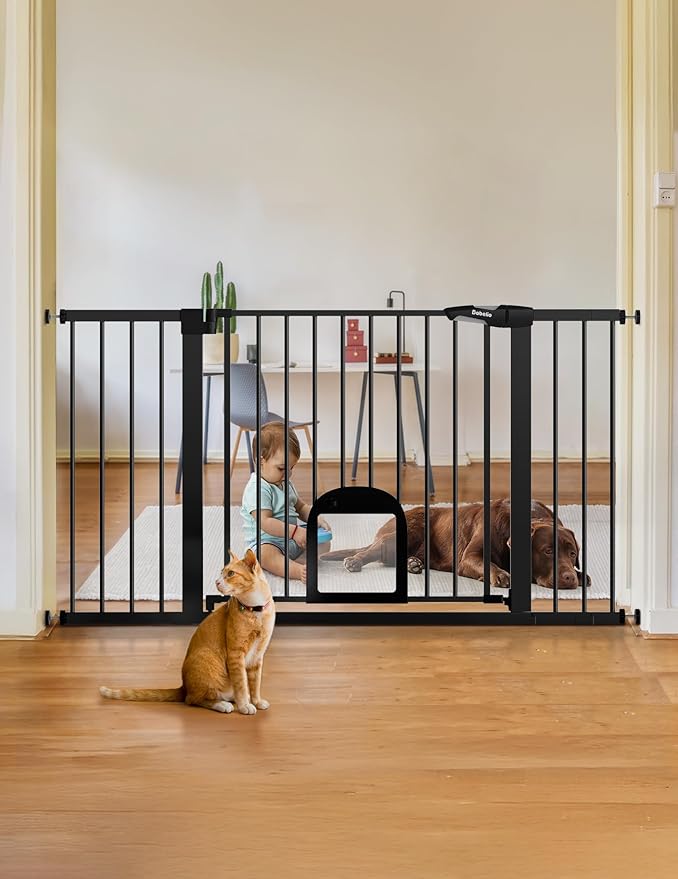 Babelio 36.5-57" Extra Wide Baby Gate with Cat Door,Auto Close&Two Way Swing,Pressure Mounted Dog Gates for Stairs,Doorways,Includes 4 Wall Cups and 3 Extension Pieces,Black