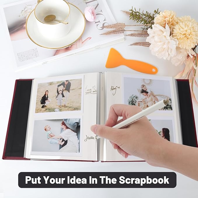 RECUTMS Small Photo Album Self Adhesive Scrapbook Magnetic Photo Albums for 4x6 5x7 8x10 Pictures for Baby Family Wedding 40 Pages with Metal Pen and Plastic Board (Brown)