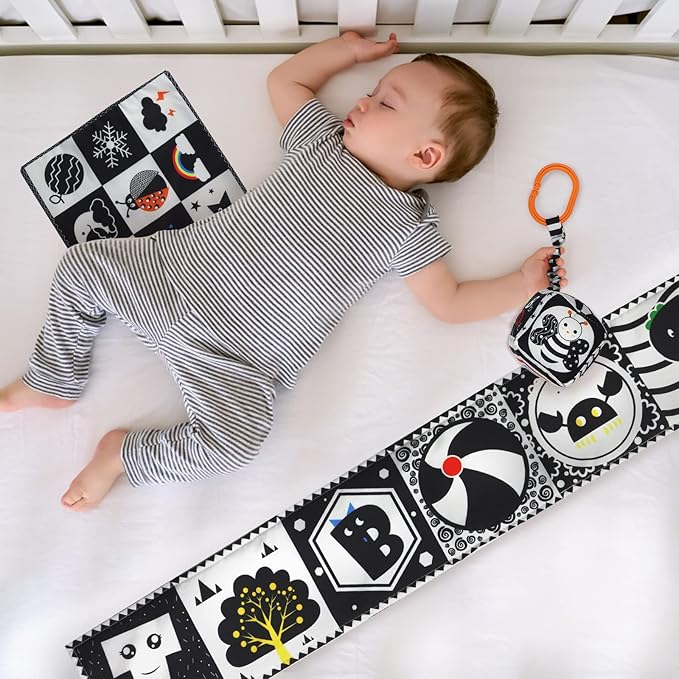 KUANGO 3 PCS Black and White High Contrast Baby Toys Newborn Toys 0-6 Months, Visual Stimulation Sensory Soft Book, Infant Tummy Time Toys 0-3-6 Months Baby Gifts