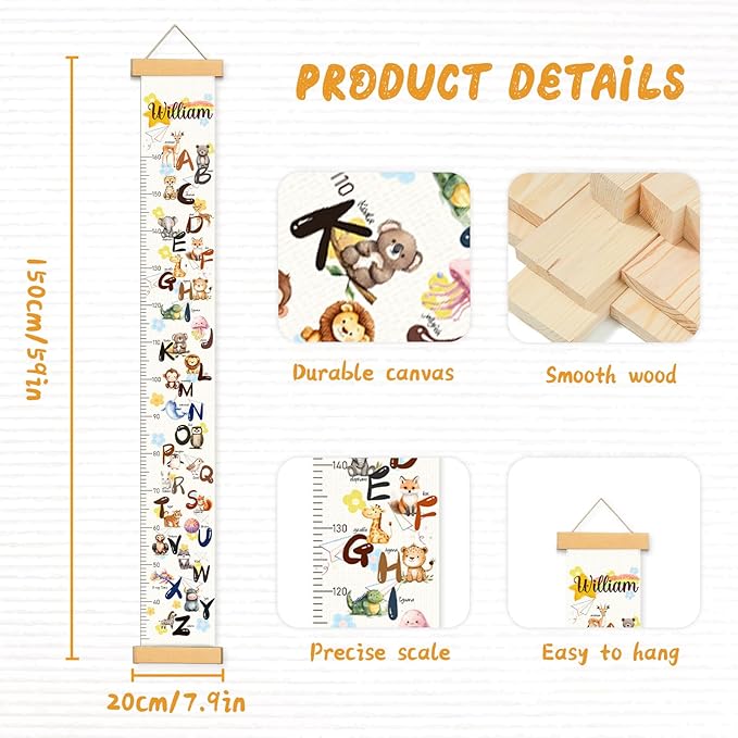 Personalized Name Baby Height Growth Chart, Letters Canvas Height Chart for Kids Baby Toddler Boys Girls, Canvas&Wood Growth Chart for Wall Room Nursery Decor, Hanging Rulers