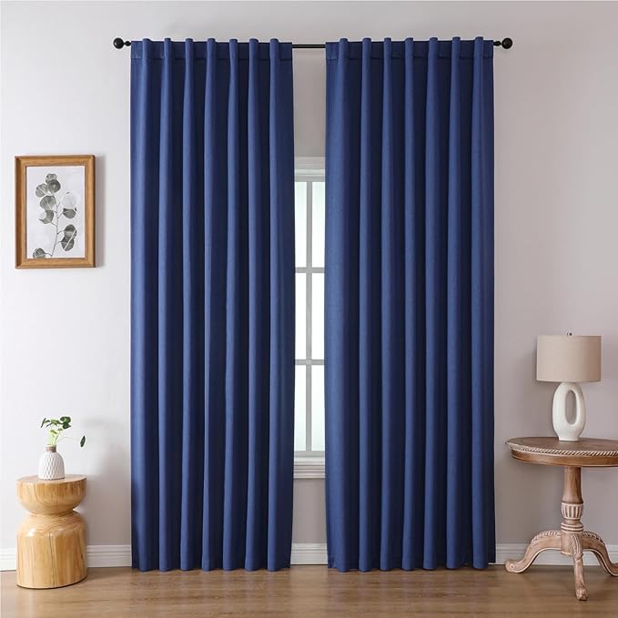 Joydeco Faux Linen Blackout Curtains for Bedroom,Blue Blackout Curtains 72 inches Long,100% Blackout Solid Thermal Insulated Window Drapes Luxury Decor for Living Room（W52xL72 Inch,Twilight Blue）