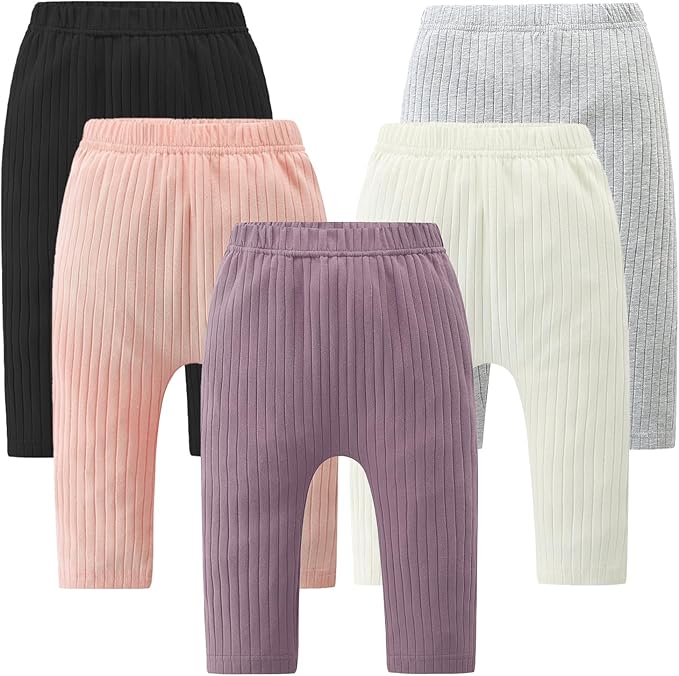 Baby and Toddler Girl's 5 Pack Cotton Ribbed Pull On Pants Leggings 0-4 Years