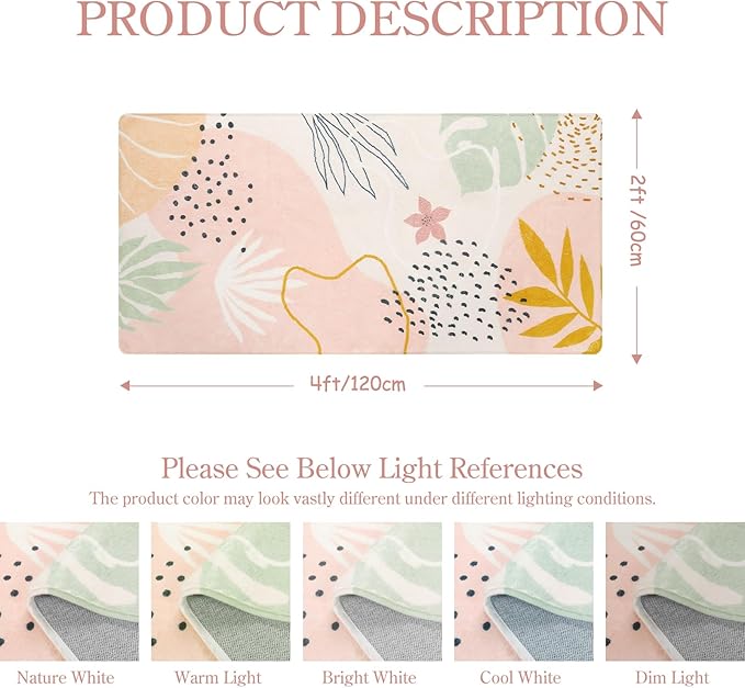 Lahome Washable Runner Rug for Hallway - 2x4 Non-Slip Throw Soft Bathroom Rug Runner Lightweight Pink Kitchen Mat, Boho Botanical Print Indoor Carpet Runner for Entrance Bedroom Laundry Living Room