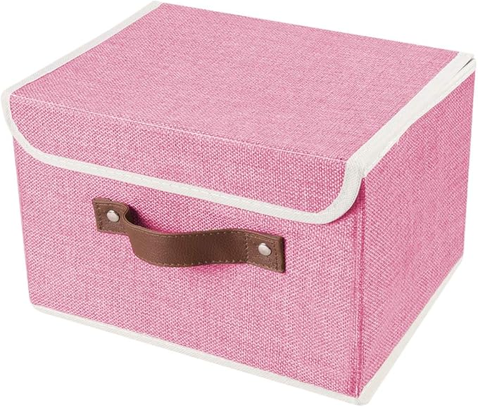 Lucky Monet Storage Bins Boxes with Lids 2 Pack Decorative Storage Boxes Collapsible Fabric Storage Basket Containers Lidded Storage Cube for Organizing Closet Home Office, 10"x 8"x 7" (Pink)