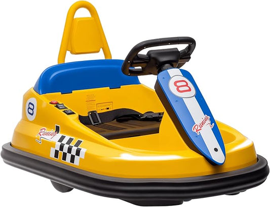 Aosom Toddler Bumper Car, 360° Rotation 6V Kids Electric Ride on Bumper Car with EVA Bumper Edges, Twins Motor, Songs, Horn, LED Lights, Safety Belt for 18-48 Months, Yellow
