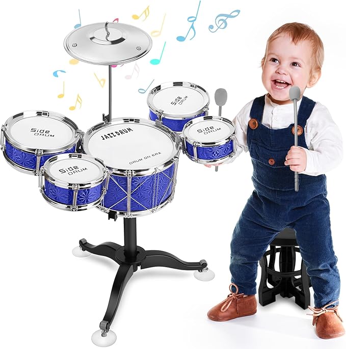 Toddler Drum Set Kids Jazz Drum Kit 8 Piece - Educational Percussion Musical Instruments Drum Toy Playset Christmas Birthday Gift for Boys Girls, Blue