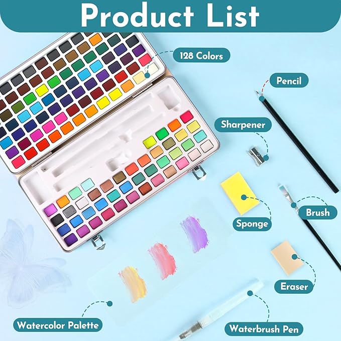 Tavolozza Fine Arts Watercolor Paint Set, 128 Colors Paint with Water Brush Pens and Drawing Pencil - Ideal for Painting, Drawing, and Art Supplies for Kids and Adults - Perfect Starter Kit