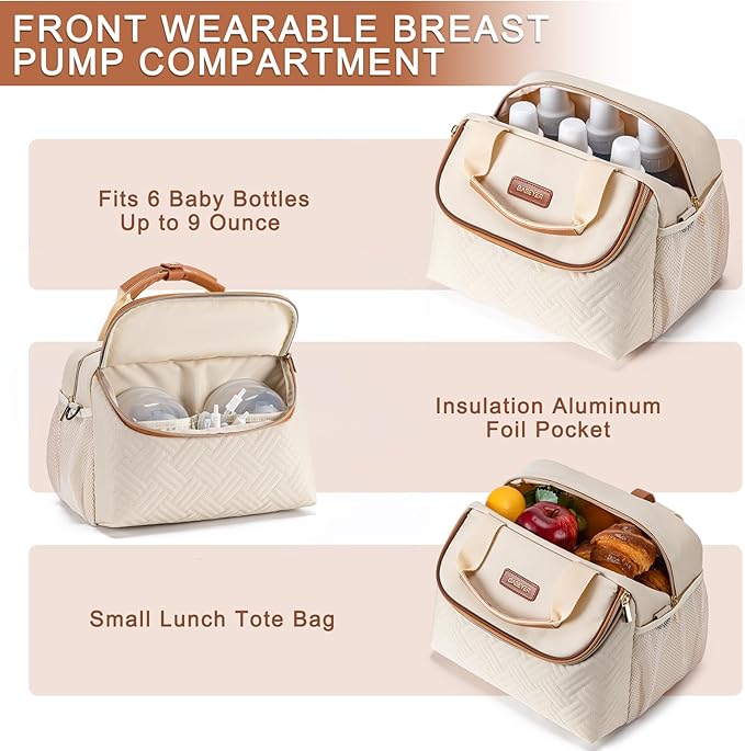 Breastmilk Cooler Bag with Ice Pack Fits 6 Baby Bottles up to 9 Ounce, Wearable Breast Pumps Cooler Bag for Nursing Mom Daycare, Work, Travel- Cream
