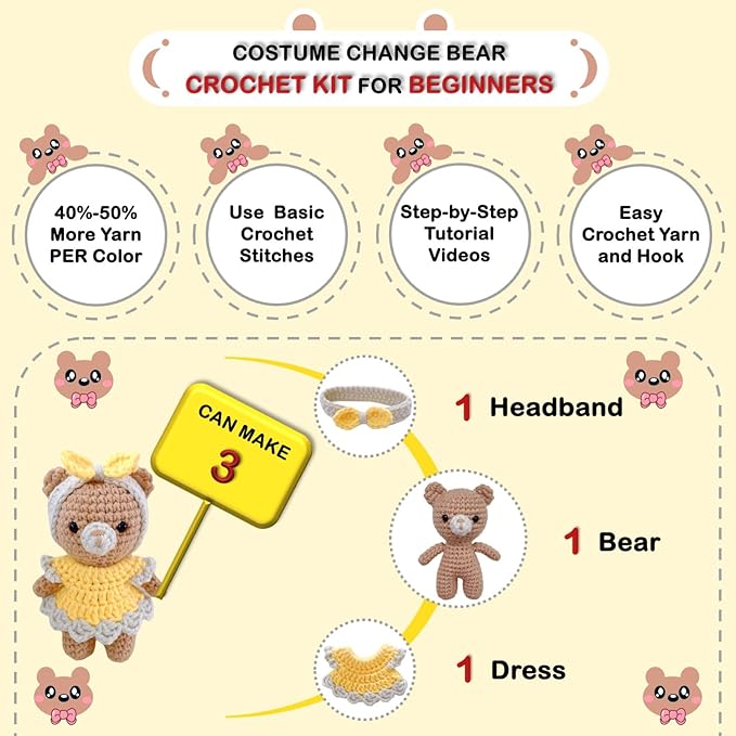 LoopMap Crochet Kit for Beginners - DIY Amigurumi Bear with Removable Dress & Accessories - Step-by-Step Video Tutorials, Extra Yarn, Crochet Tools, Handmade Gift for Kids & Adults (Bear K01, Yellow)