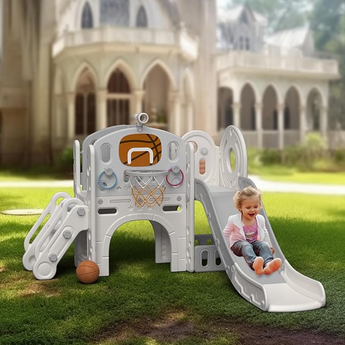XJD 8 in 1 Toddler Slide Set, Kids Slide for Toddlers Age 1+, Toddler Climber Slide PlaySet with Basketball Hoop and Ball,Outdoor Indoor Playground for Toddlers 1-3 (Beige Grey, 8 in 1)