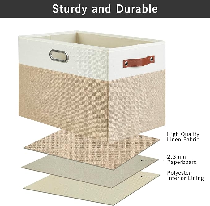 Large Collapsible Fabric Storage Bins with 3 Handles, Foldable Organizer Baskets for Closet, Shelves, Living Room | 3 Pack, Durable PU & Metal Handles (17"x11.8"x11.8", Beige & White)