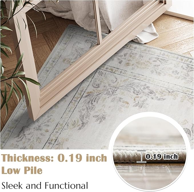 jinchan Hallway Runner Rug 2x10 Vintage Floral Distressed Design - Machine Washable Non-Slip Low-Pile Soft Thin Faux Wool Kitchen Carpet for Farmhouse Bedroom Laundry Room(2x10ft,Light Grey)