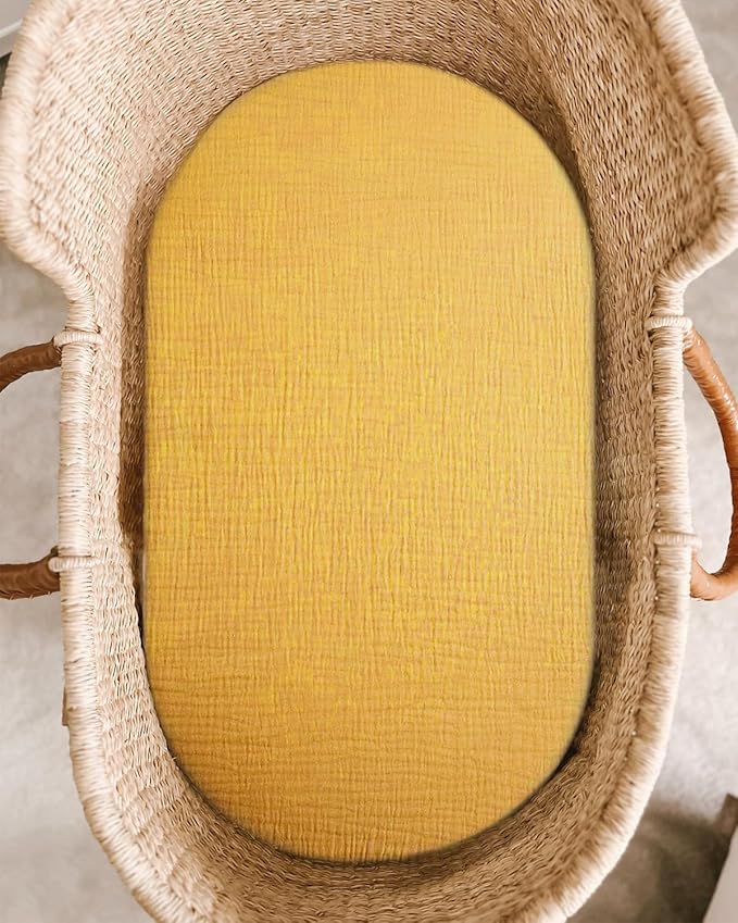 Bassinet Sheet for Baby Boy and Girl, Fitted Sheets for Rectangle, Oval, Hourglass Bassinet Mattress, Muslin Moses Basket Sheets with Neutral Style (Mustard Yellow)