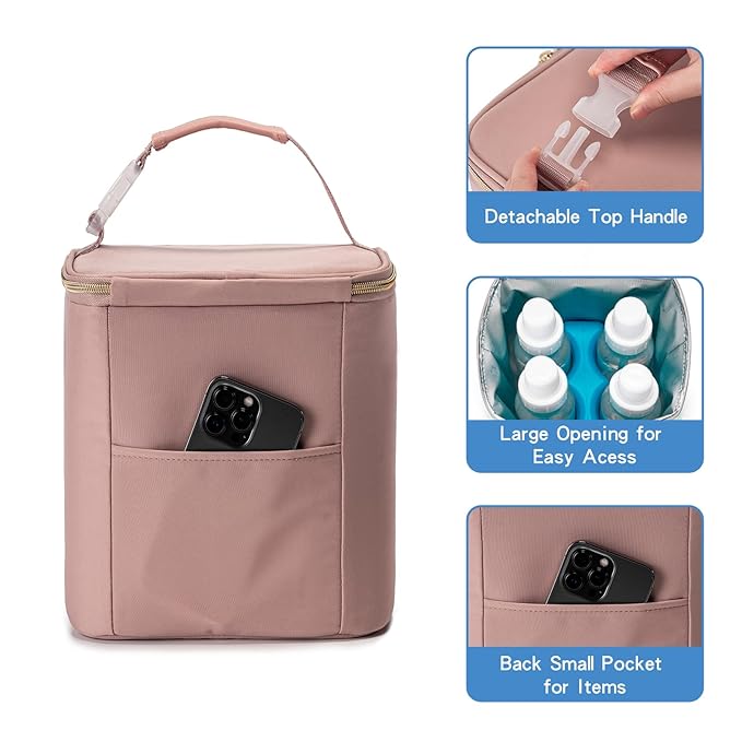 Breast Milk Cooler Bag with Ice Pack Fits 4 Baby Bottles Up to 9 Ounce, Baby Bottle Bag for Nursing Mom Daycare, Pink