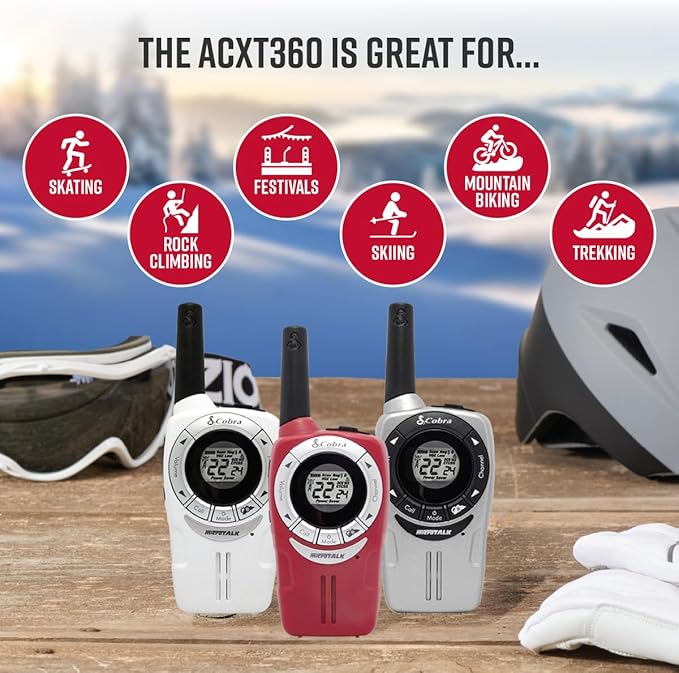 Cobra ACXT360 Water Resistant Walkie Talkies for Adults & Compatible Cobra Surveillance Headset: Rechargeable, 22 Channels, Long-Range, 3 Two-Way Radios, 2 Headsets, White, Silver and Red