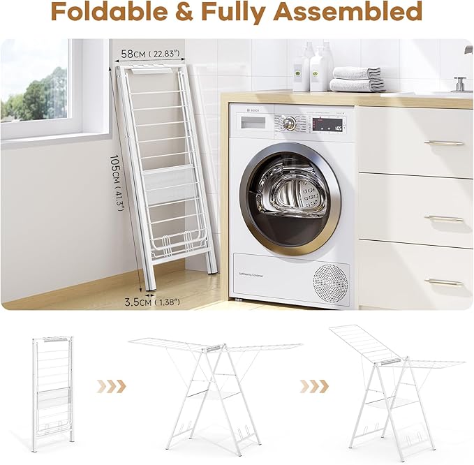APEXCHASER Drying Rack Clothing, Clothes Drying Rack Foldable, Metal Laundry Drying Rack Collapsible for Sweater Towel Indoor Outdoor, Gullwing Clothes Rack Drying with Height Adjustable Rails, White